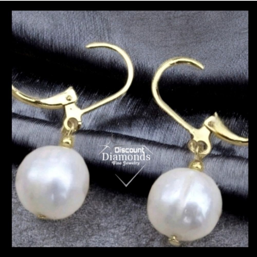 South Sea Shell Pearl White 9.5 mm 14K Gold Plated Dangle Earrings
